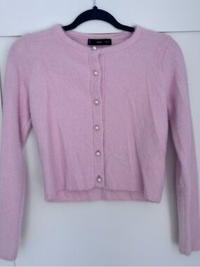 Mango Pale Pink Pearl-Button Cropped Cardigan